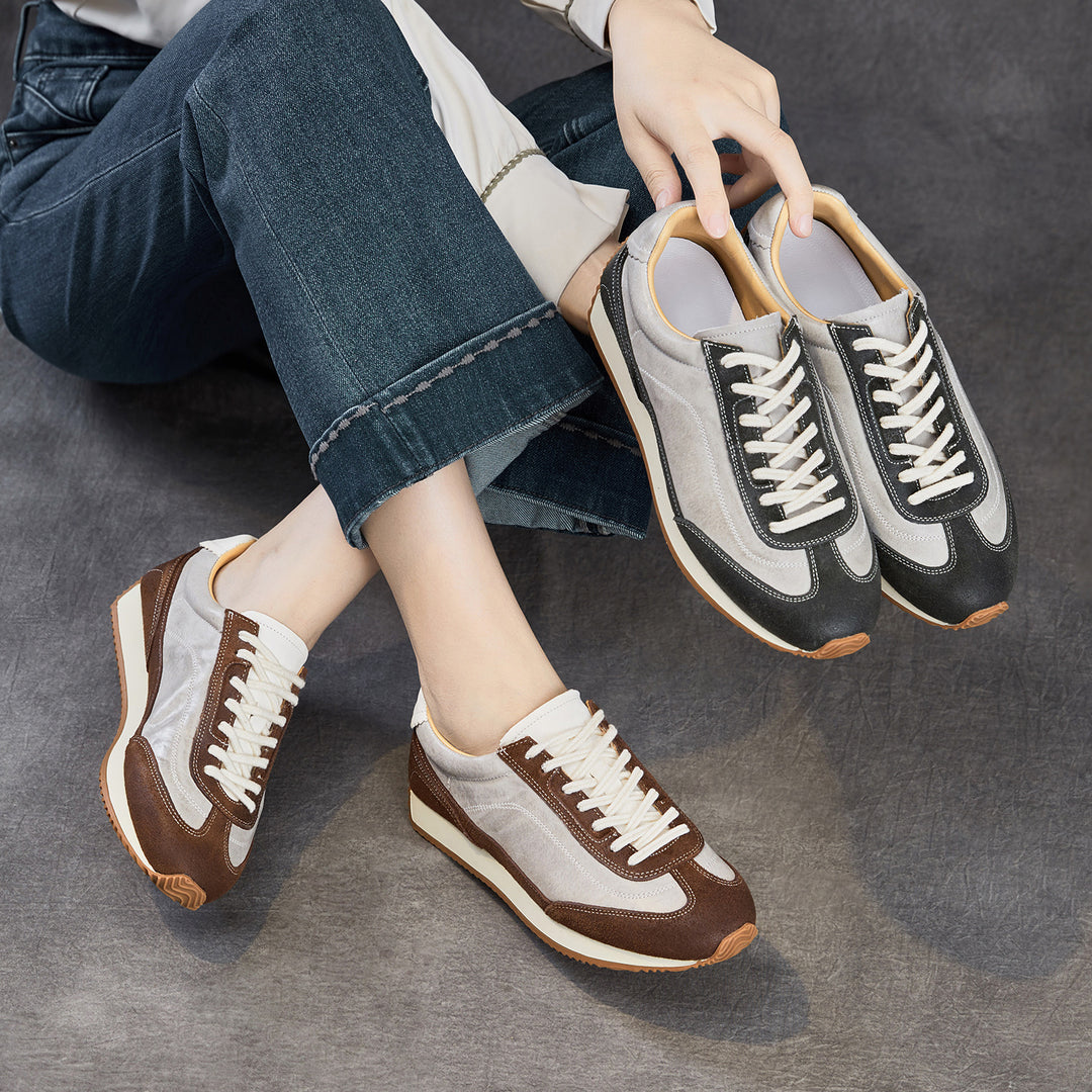 Women's Genuine Leather Hidden Wedge Sneakers Vintage Lace-up Round Toe Casual Shoes