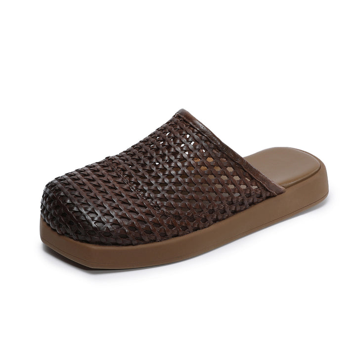 Women's Square Toe Woven Mules Genuine Leather Platform Slippers Barefoot-Friendly