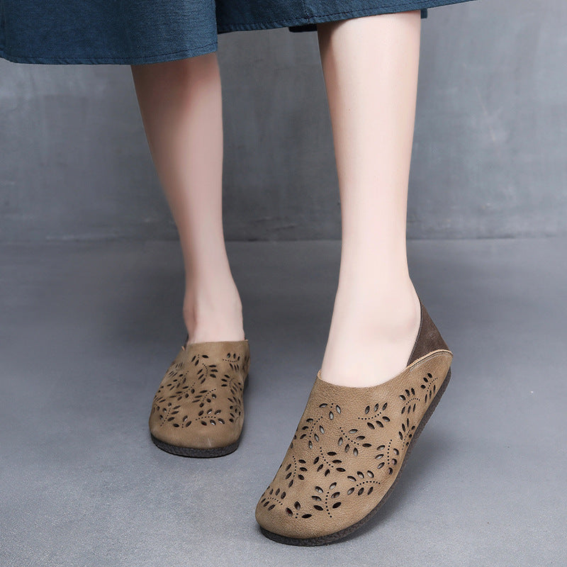 Women's Leather Loafers - Cut-Out Leaf Perforated Flat Sandals Casual Slip-On Summer Shoes