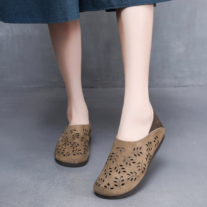 Women's Leather Loafers - Cut-Out Leaf Perforated Flat Sandals Casual Slip-On Summer Shoes