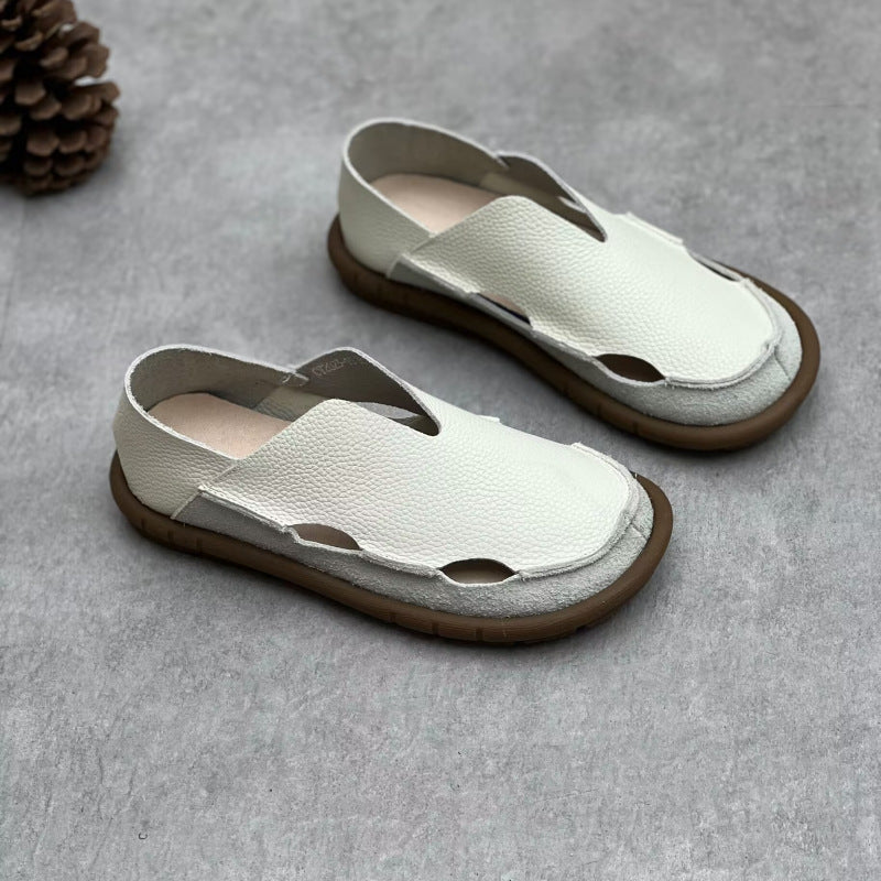 Women's Soft Pebble Grain Leather Loafers - Cut-Out Closed Round Toe Slip-On Flat Sandals Comfort Walking Shoes