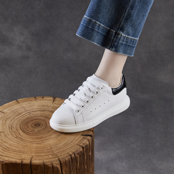 Women's Leather Casual Sneakers Spring Fall Round Toe Lace-up Platform Shoes