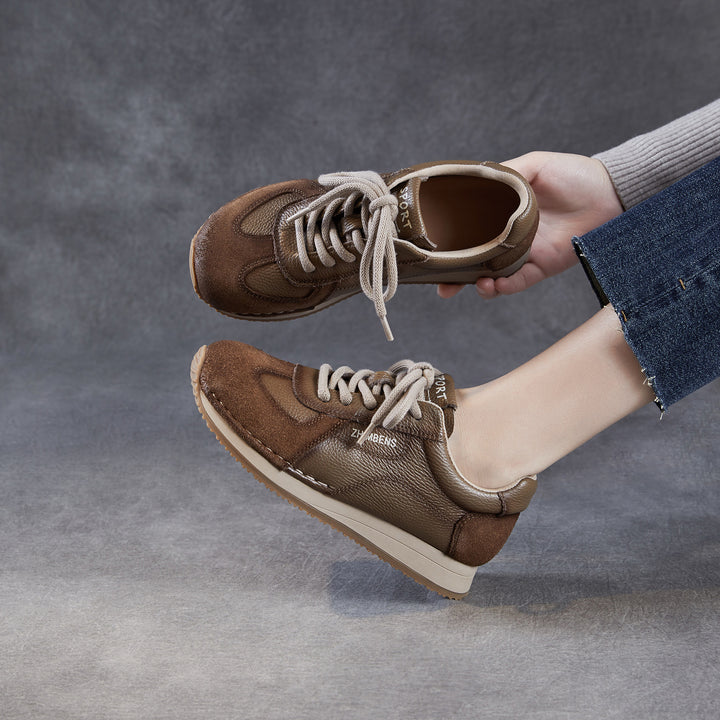 Womens Retro Leather Running Sneakers Vintage Lace-up Low Top Casual Trainers