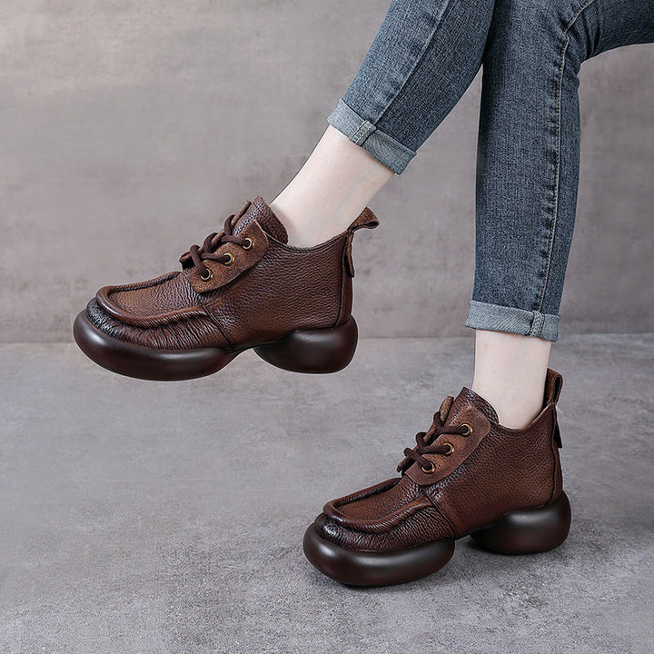 Women’s Soft Leather Lace-Up Ankle Boots – Thick Sole Casual Style