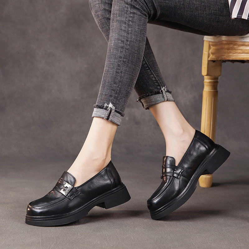 Women's Leather Platform Loafers with Chunky Heels and Metal Buckles — Comfortable