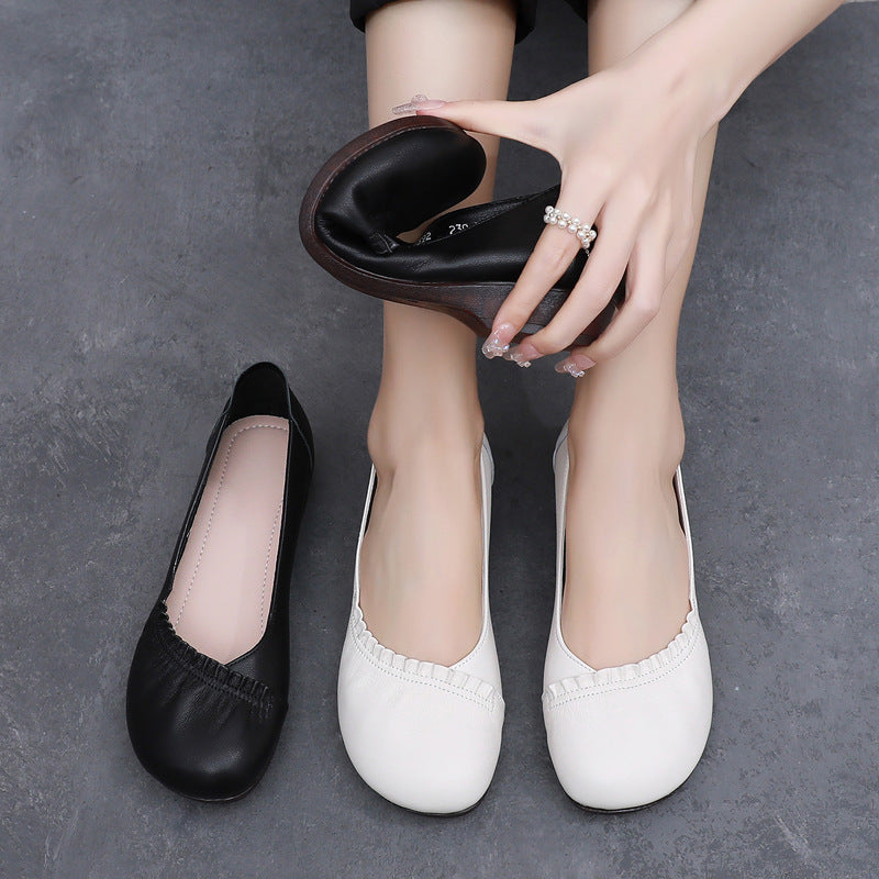 Women's Leather Ballet Flats - Vintage Ruched Slip-on Round Toe Comfort Low Heel Pumps