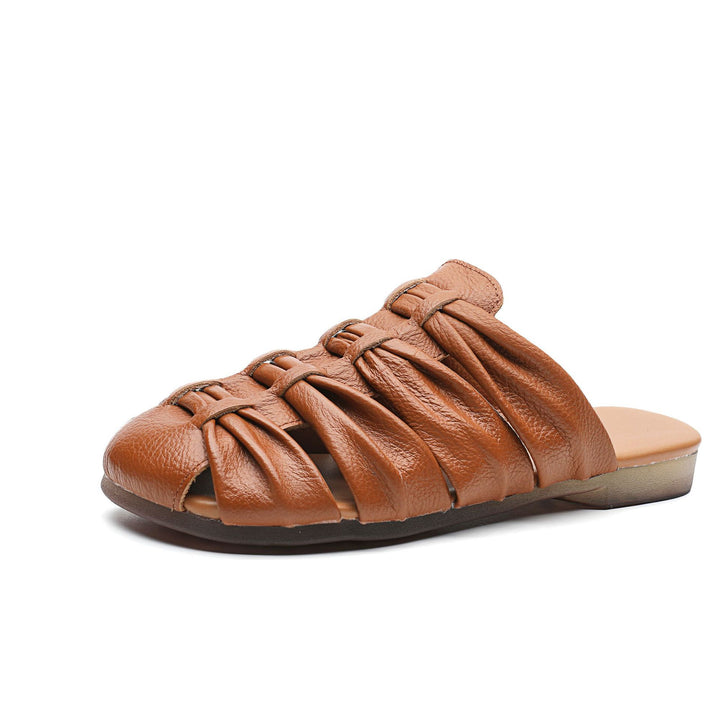 Women's Soft Leather Mules - Ruched Woven Closed Toe Flat Sandals Casual Slip-On Slide Slippers