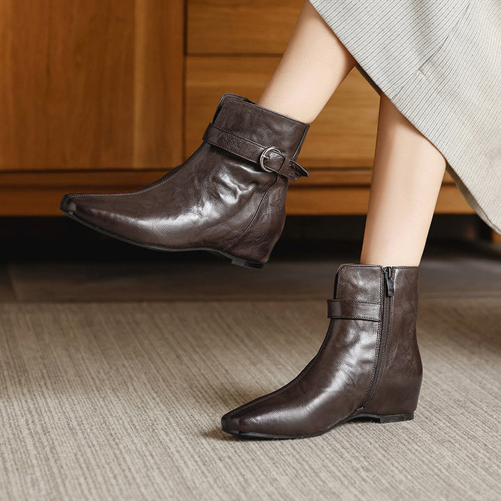 Women's Soft Sheepskin Ankle Boots Side Zipper Square Toe Low Heel Booties