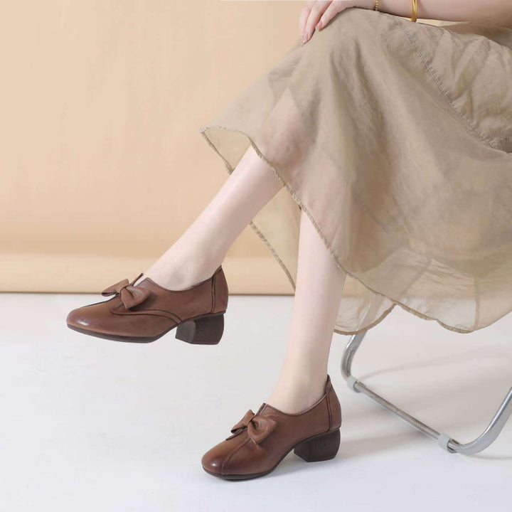Women Genuine Leather Ethnic Style Head Layer Cowhide Retro Chunky Heel Shoes