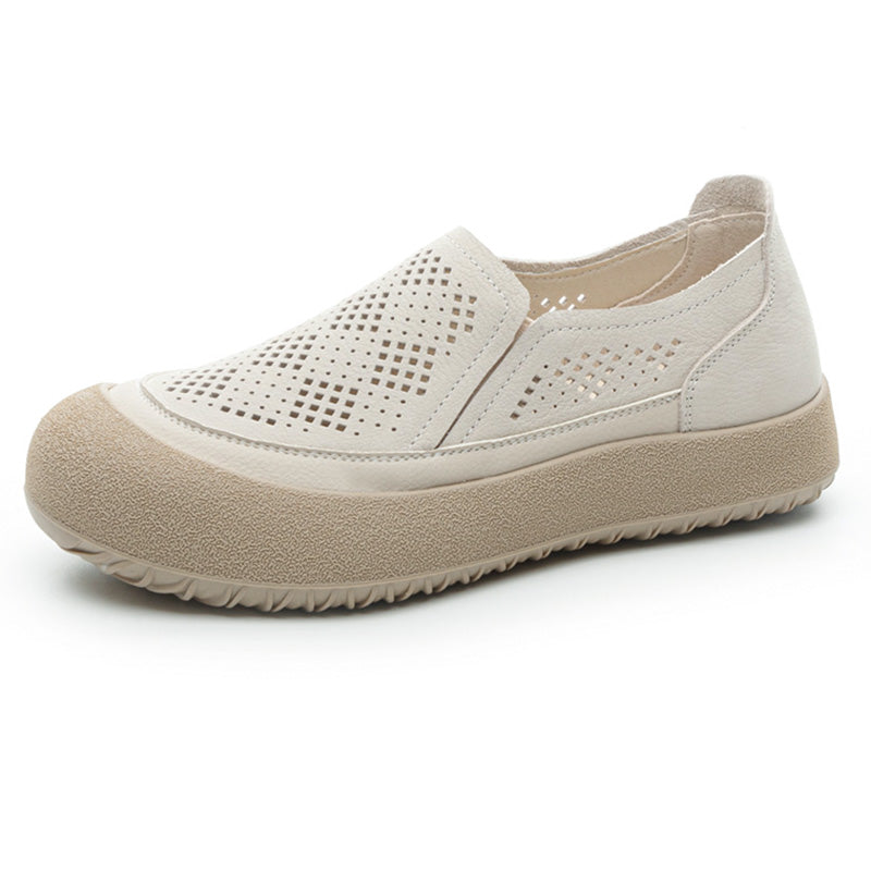 Womens Summer Perforated Leather Slip-on Loafers Breathable Platform Casual Walking Shoes