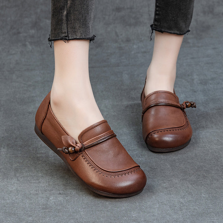 Women's Genuine Leather Knot Loafers Round Toe Slip On Flat Shoes Soft Sole