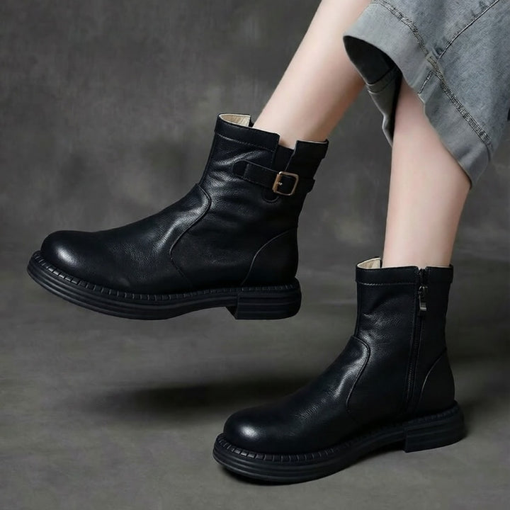 Women's Cowhide Leather Ankle Boots Side Zipper Buckle Strap Casual Low Heel Booties