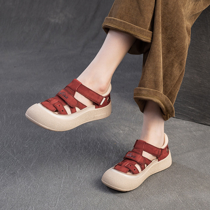 Women's Retro Woven Fisherman Sandals Vintage Leather Velcro Platform Shoes