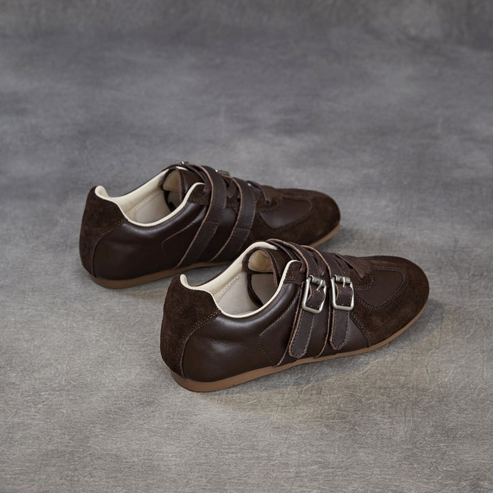 Women's Genuine Leather Double Buckle Strap Sneakers Retro Slip-on Flat Shoes