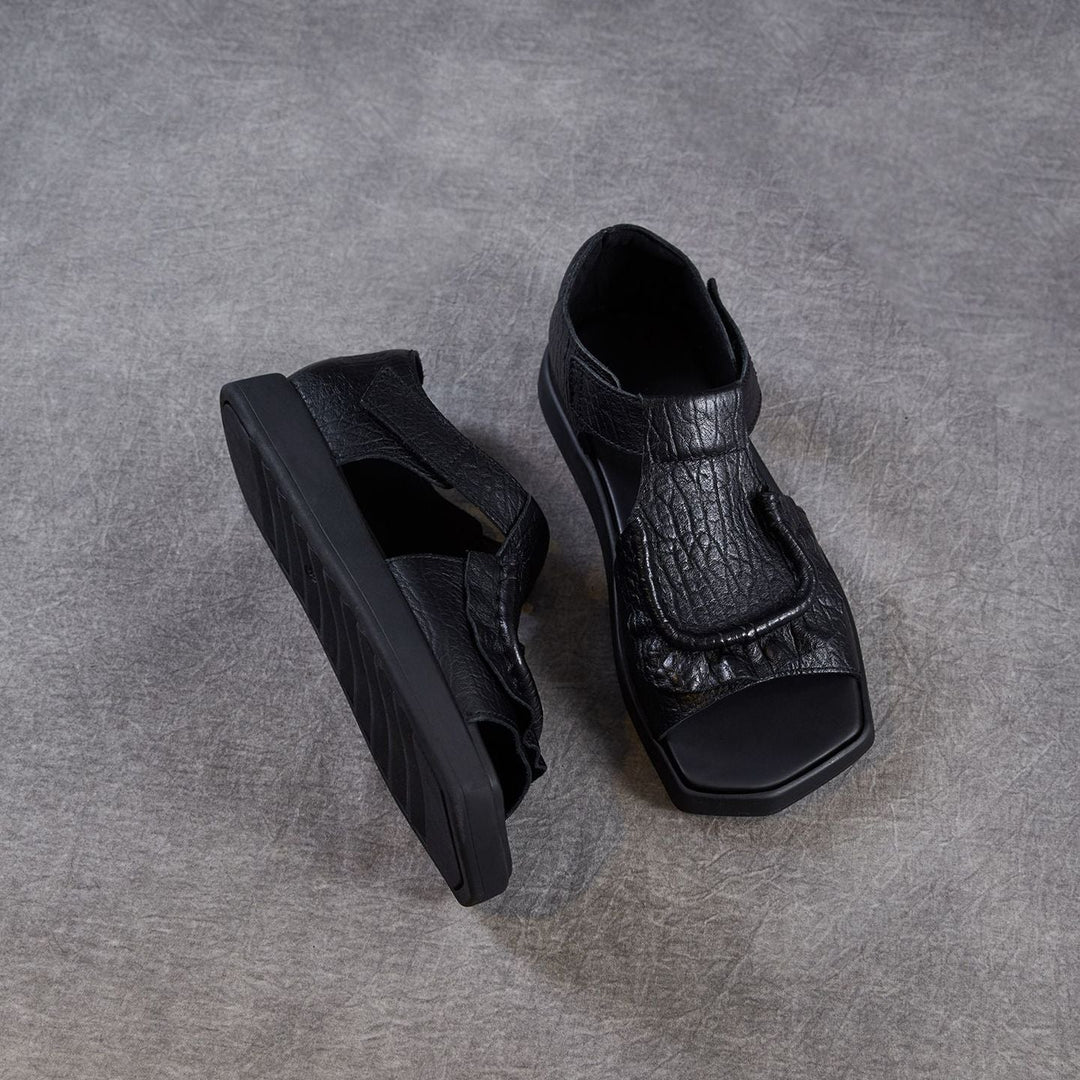 Women's Square Toe Platform Sandals Open Toe Retro Velcro Leather Ruffled Casual Summer Flats