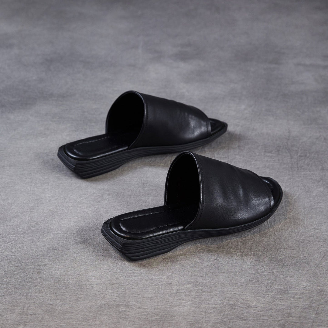 Women's Open Toe Leather Ruched Mules - Zen Style Cowhide Summer Slides
