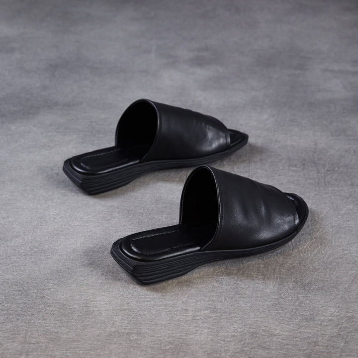 Women's Open Toe Leather Ruched Mules - Zen Style Cowhide Summer Slides