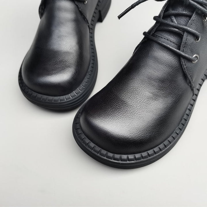 Wide Toe Leather Ankle Boots for Women – Lace-up Handmade Shearling Winter Shoes