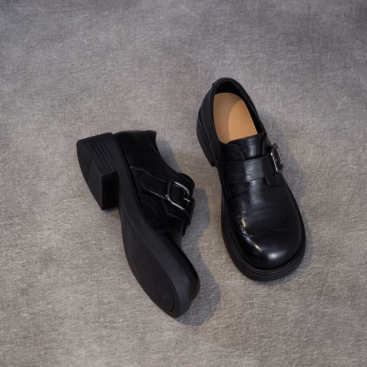 Women's Genuine Leather Chunky Platform Monk Strap Loafers Vintage Brogue Slip-on Shoes