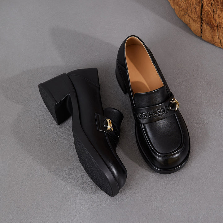 Women's Retro Sheepskin Loafers Vintage Round Toe Woven Strap Chunky Heels
