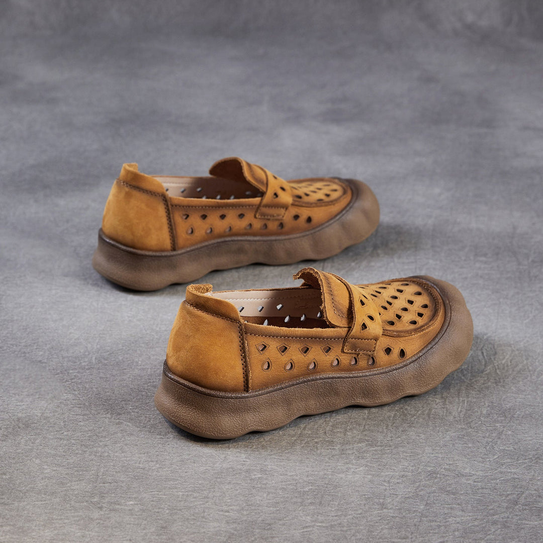 Women's Summer Leather Slip-on Flats — Cutout & Breathable Design