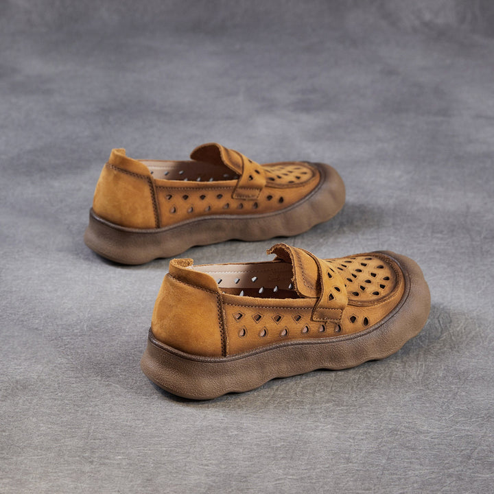 Women's Summer Leather Slip-on Flats — Cutout & Breathable Design