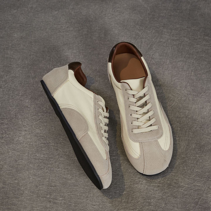 Women's Genuine Leather Retro Sneakers Vintage Lace-up Round Toe Flat Walking Shoes