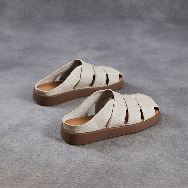 Women's Leather Mules - Multi-Strap Woven Closed Flat Sandals Casual Summer Slip-On Slides