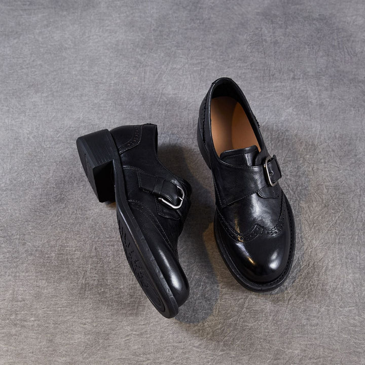 Women's Retro Leather Monk Strap Shoes Vintage Round Toe Brogue Chunky Heels