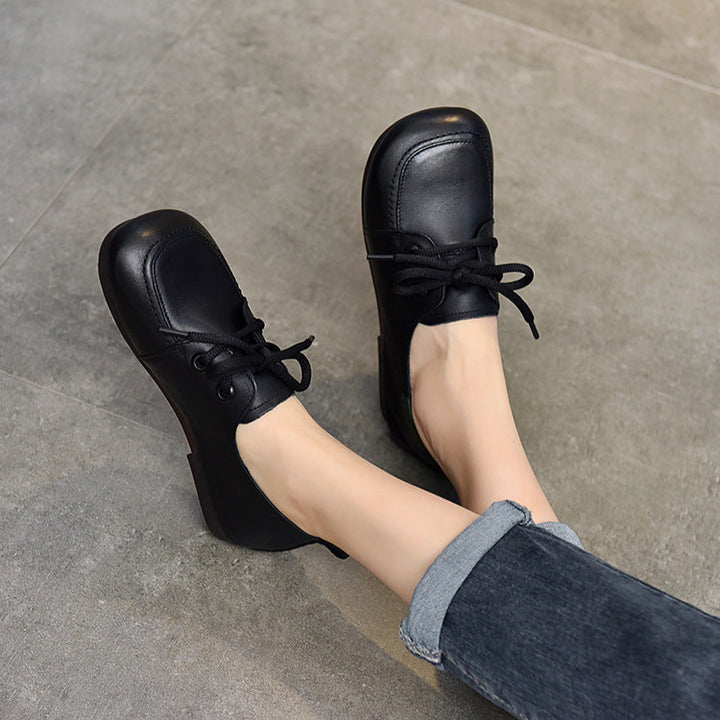 Women's Soft Leather Casual Flats – Comfortable Lace-Up Shoes