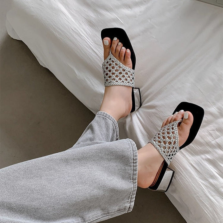 Women's Mesh Mid Heel Slide Sandals – Block Heel Toe Loop Design