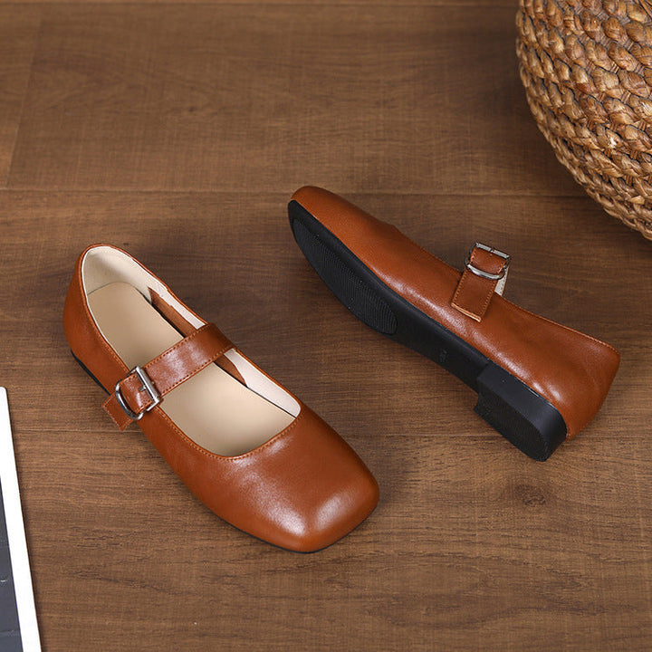 Women‘s Retro Leather Mary Jane Flats Vintage Square Toe Casual Ballet Shoes