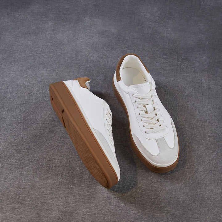 Womens Retro Cowhide Suede Patchwork Sneakers Vintage Round Toe Gum Sole Lace-up Flats