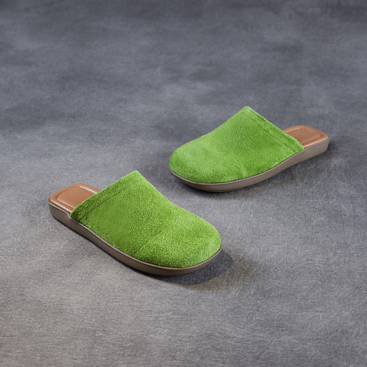 Women's Minimalist Nubuck Mules - Round-Toe Flat with Slip-On Ease