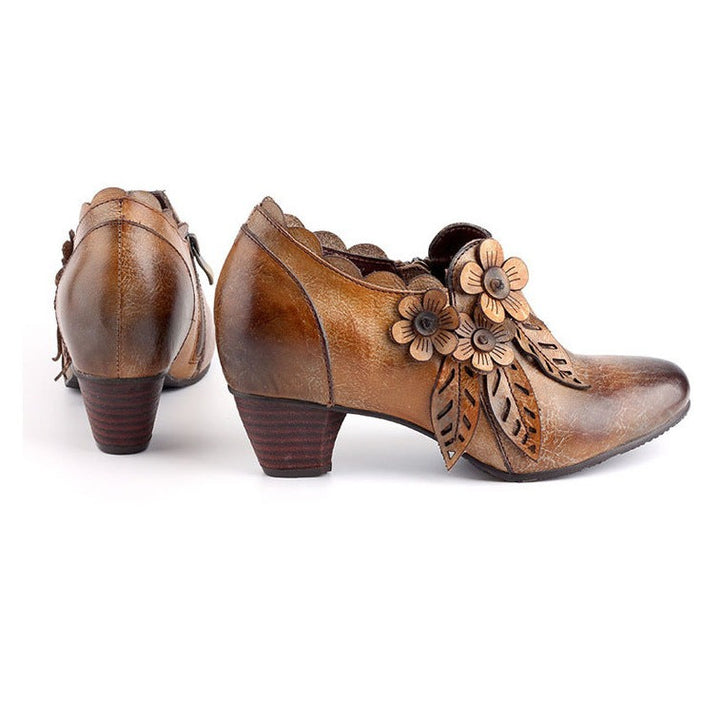 Womens Genuine Leather Heeled Boots Boho Vintage Shoes