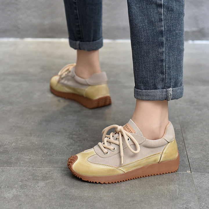 Women's Leather Patchwork Sneakers – Retro Casual Shoes