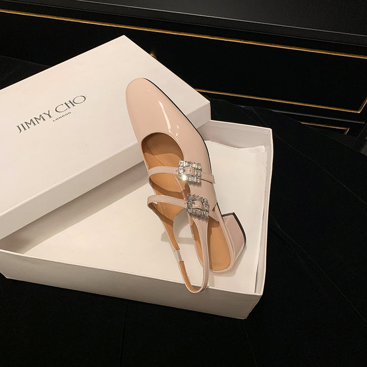 Womens Rhinestone Buckle Square Toe Slingback Pumps Heels