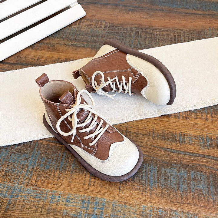 Women's Leather Lace-Up Ankle Shoes – Round Toe & Patchwork Design