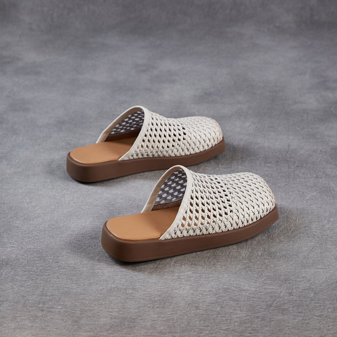 Women's Square Toe Woven Mules Genuine Leather Platform Slippers Barefoot-Friendly