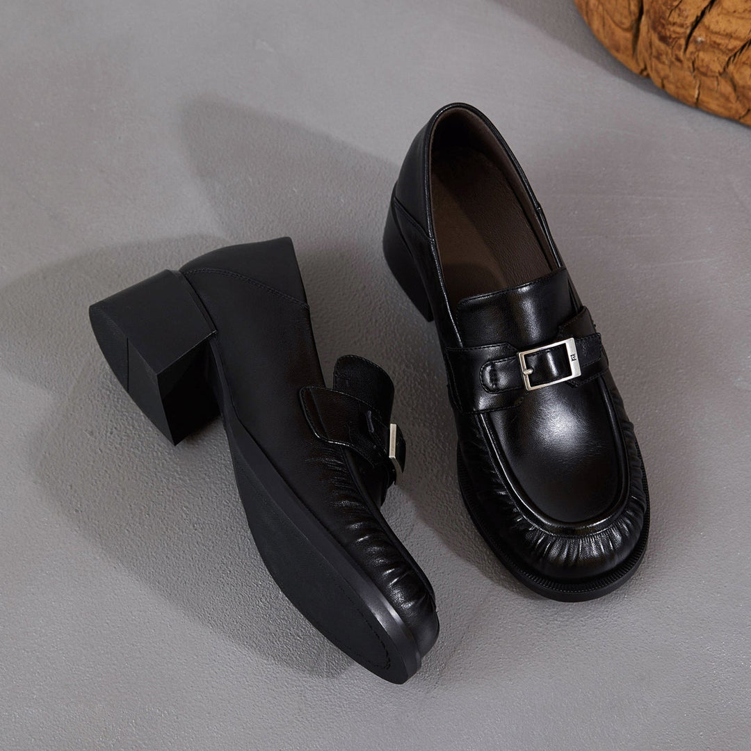 Women's Sheepskin Loafers - Ruched Leather Buckle Block Heel