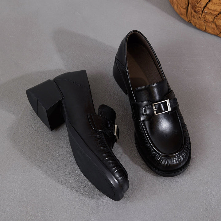 Women's Sheepskin Loafers - Ruched Leather Buckle Block Heel