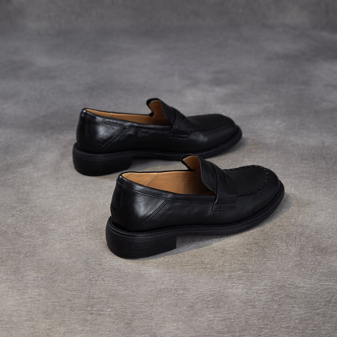 Women's Genuine Leather Penny Loafers Vintage Slip-on Round Toe Low Heel Shoes