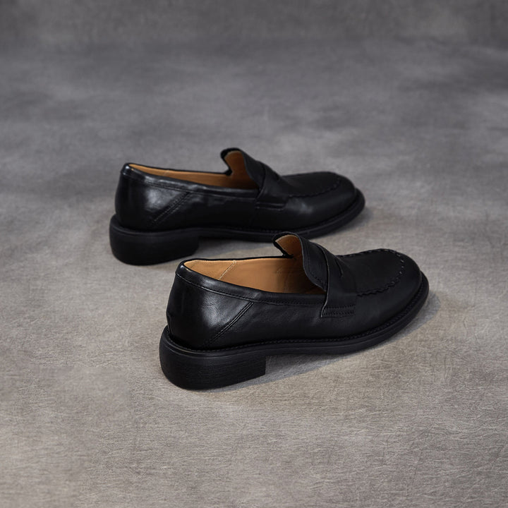 Women's Genuine Leather Penny Loafers Vintage Slip-on Round Toe Low Heel Shoes