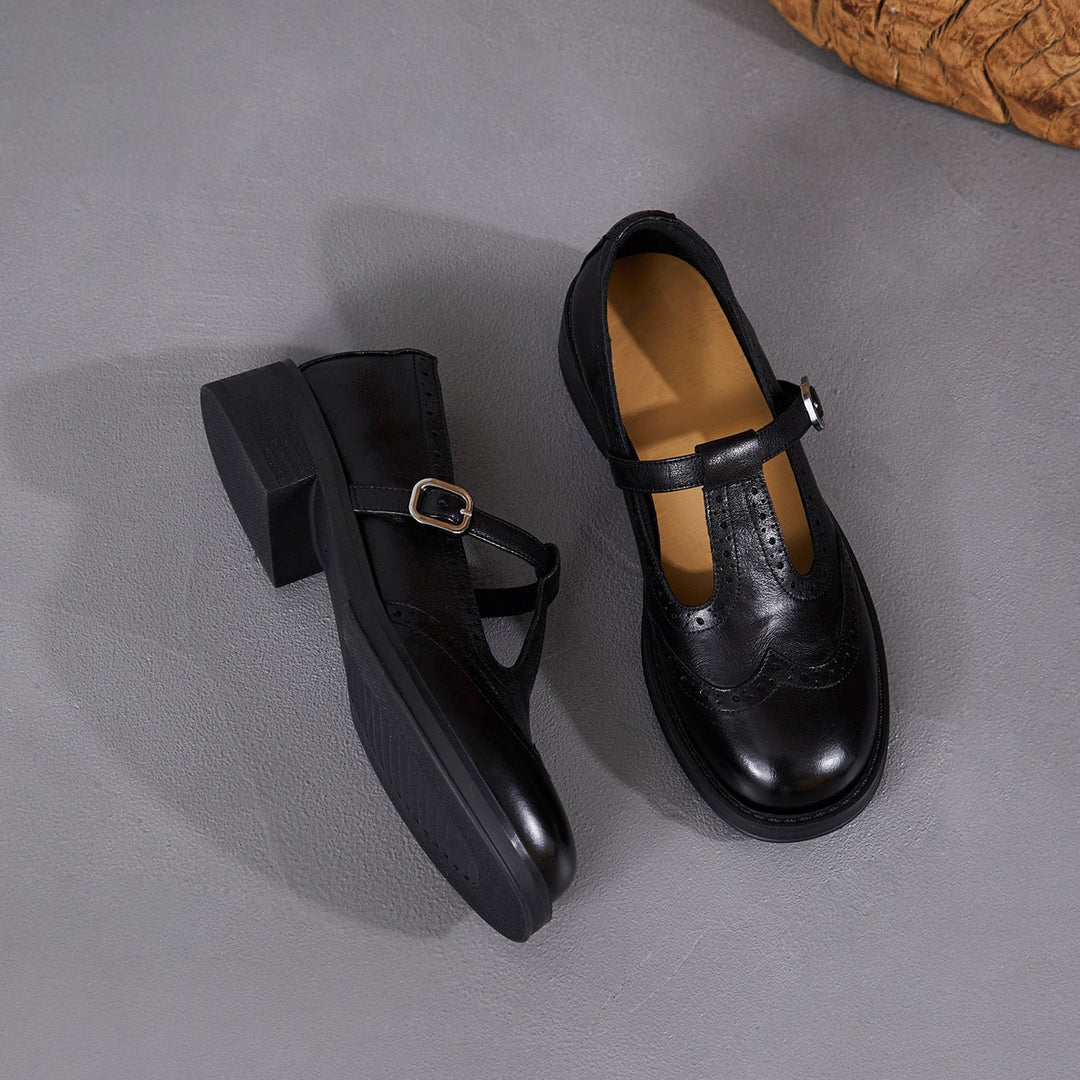Women's Brogue T-Strap Mary Janes - Unlined Cowhide Leather - Block Heel