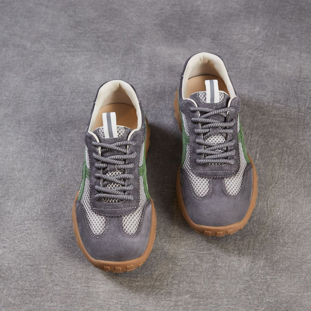 Womens Retro Mesh Running Sneakers Vintage Leather Lace-up Chunky Trainers