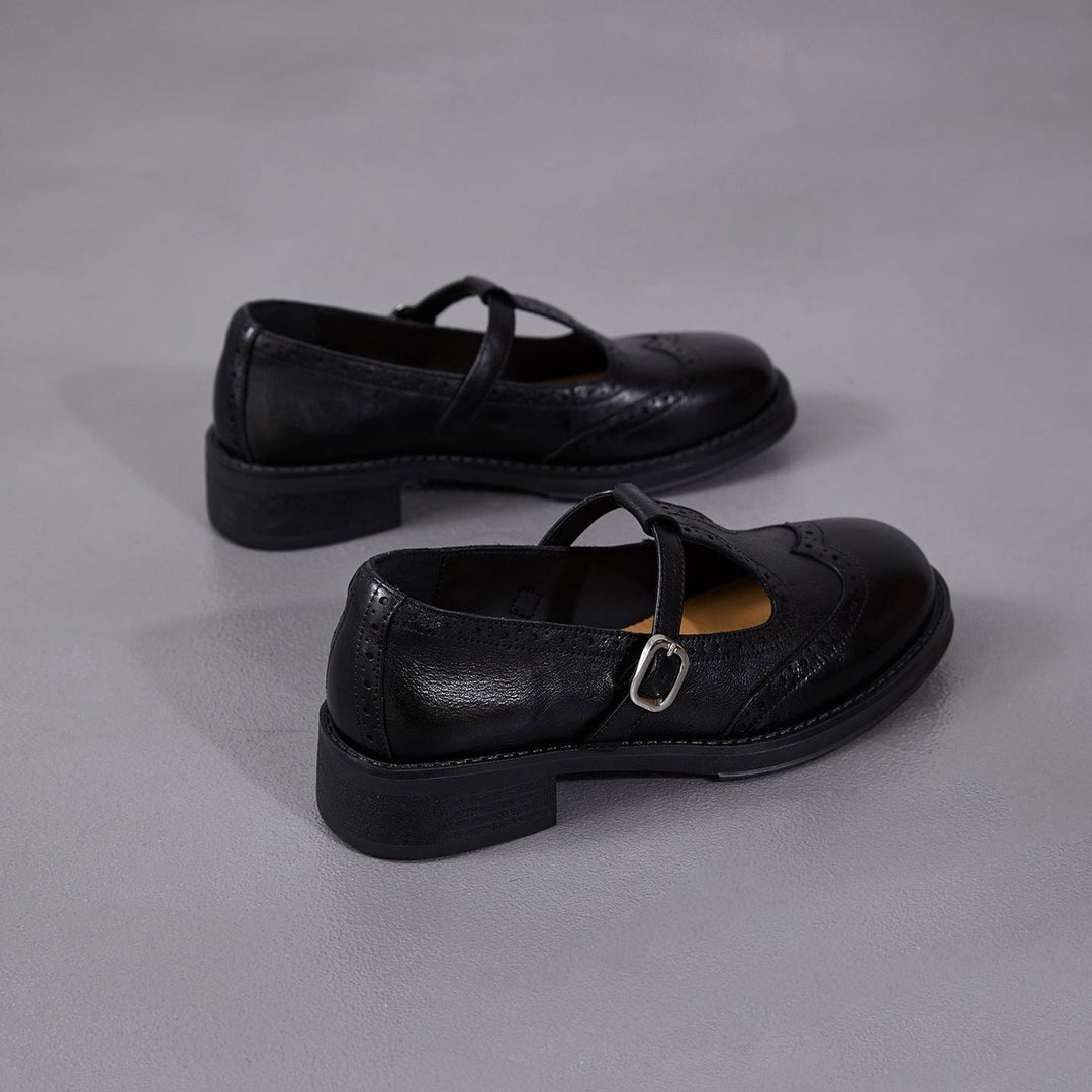 Women's Brogue T-Strap Mary Janes - Unlined Cowhide Leather - Block Heel