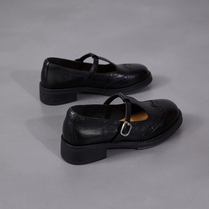 Women's Brogue T-Strap Mary Janes - Unlined Cowhide Leather - Block Heel