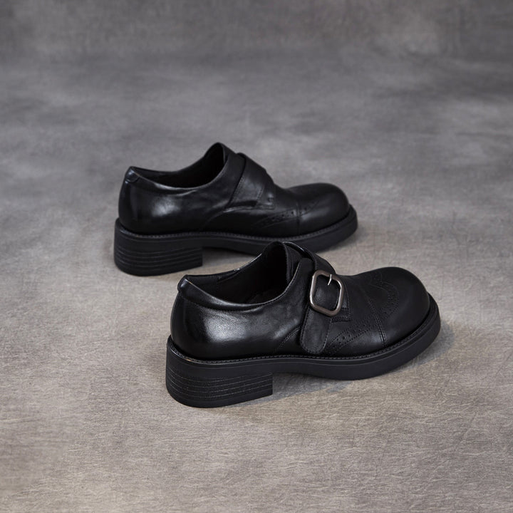 Women's Genuine Leather Chunky Platform Monk Strap Loafers Vintage Brogue Slip-on Shoes