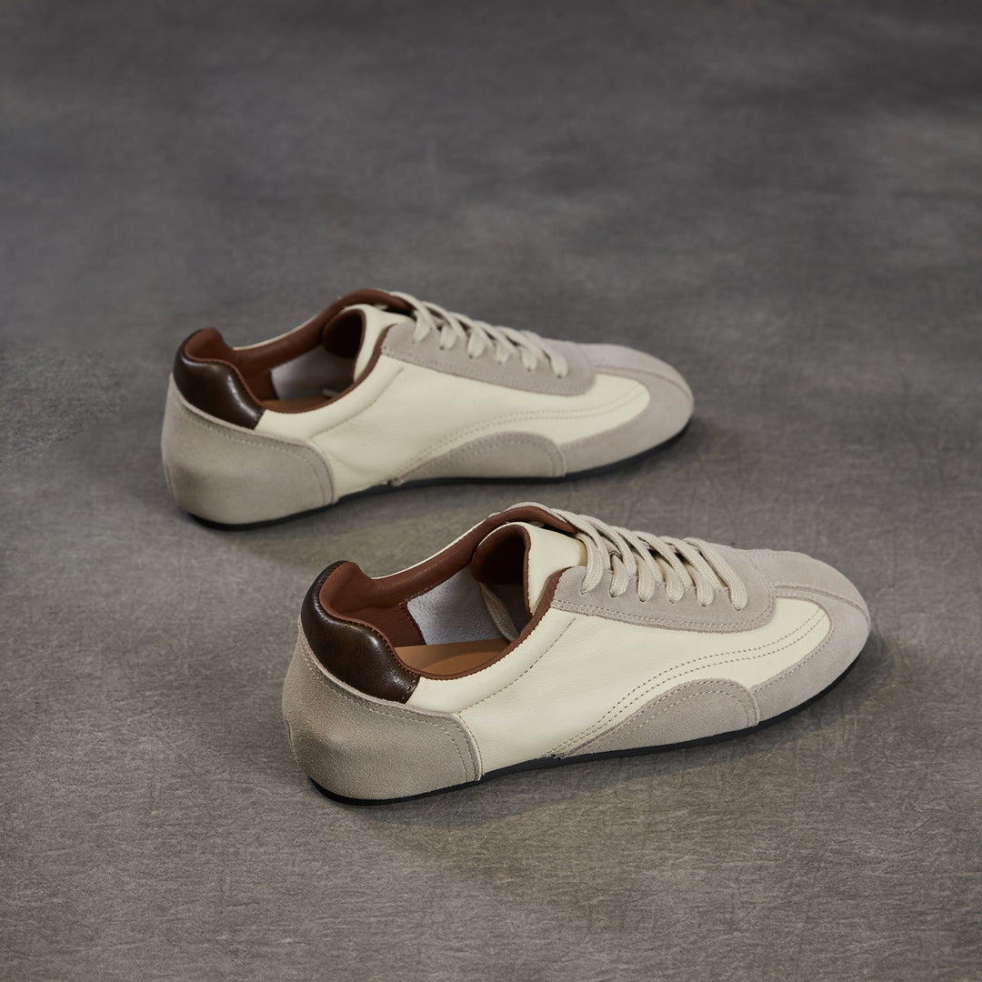 Women's Genuine Leather Retro Sneakers Vintage Lace-up Round Toe Flat Walking Shoes