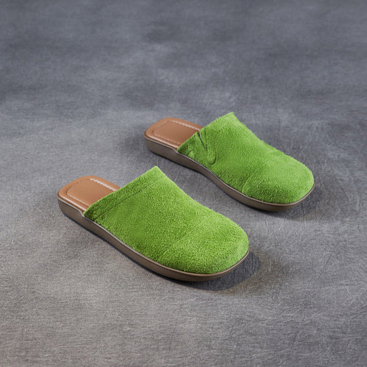 Women's Minimalist Nubuck Mules - Round-Toe Flat with Slip-On Ease